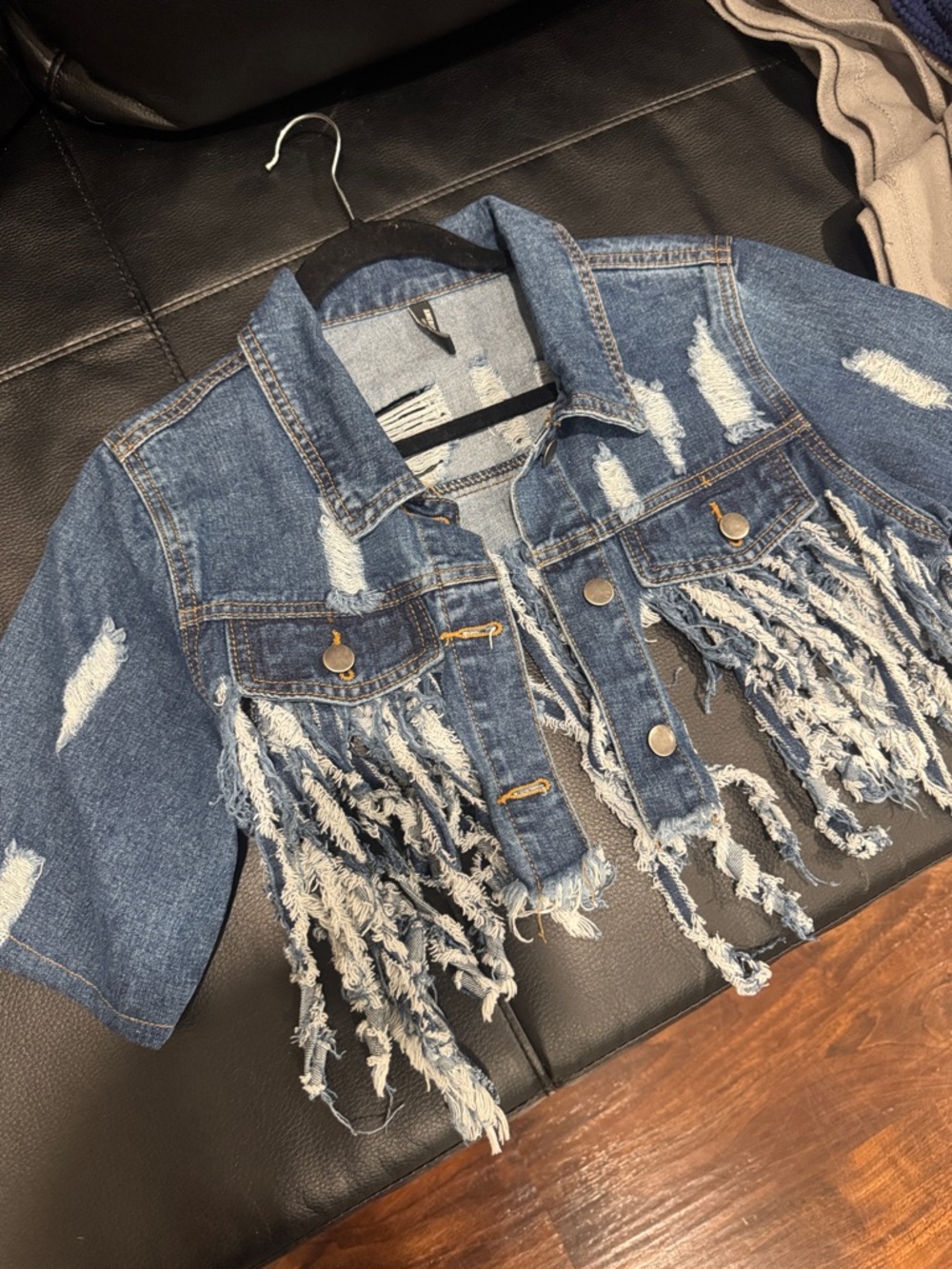 Distressed Cropped Denim Jacket with Fringe sz Small - Picture 2 of 4